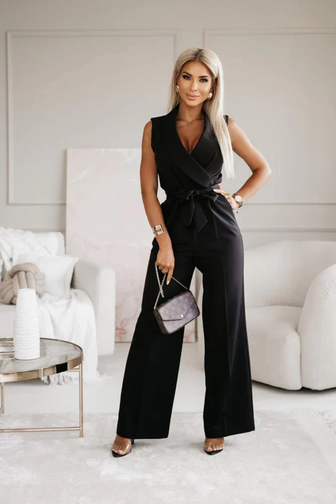 Women's Casual Sleeveless V-Neck Jumpsuit | with Tie Belt