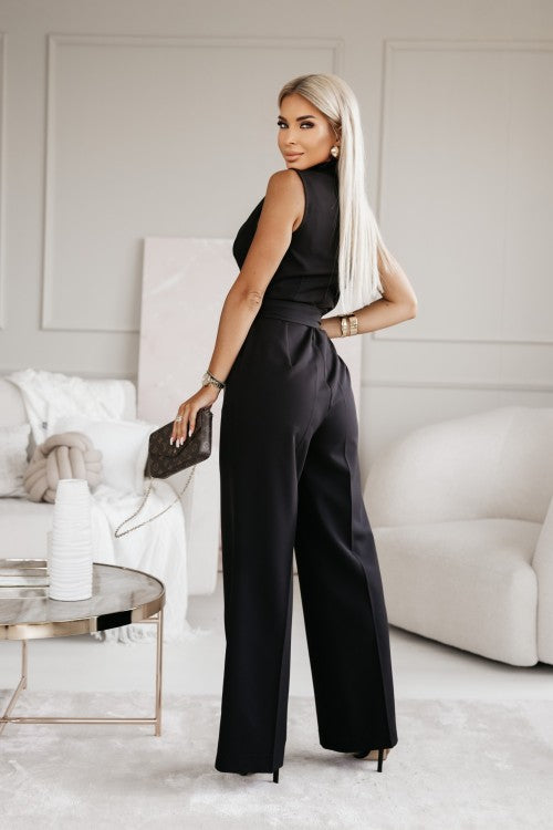 Women's Sleeveless Notched Collar Wide Leg Jumpsuit | with Tie Belt