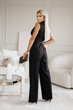 Women's Sleeveless Notched Collar Wide Leg Jumpsuit | with Tie Belt