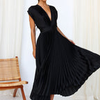 Ladies V-Neck Pleated Evening Dress | Maxi
