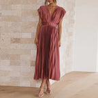 Ladies V-Neck Pleated Evening Dress | Maxi