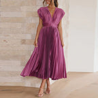 Ladies V-Neck Pleated Evening Dress | Maxi