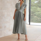 Ladies V-Neck Pleated Evening Dress | Maxi