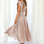Ladies V-Neck Pleated Evening Dress | Maxi